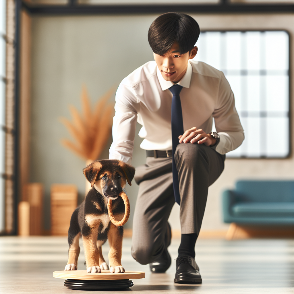 UK trainer building a puppy’s confidence on a wobble board with structured tug play