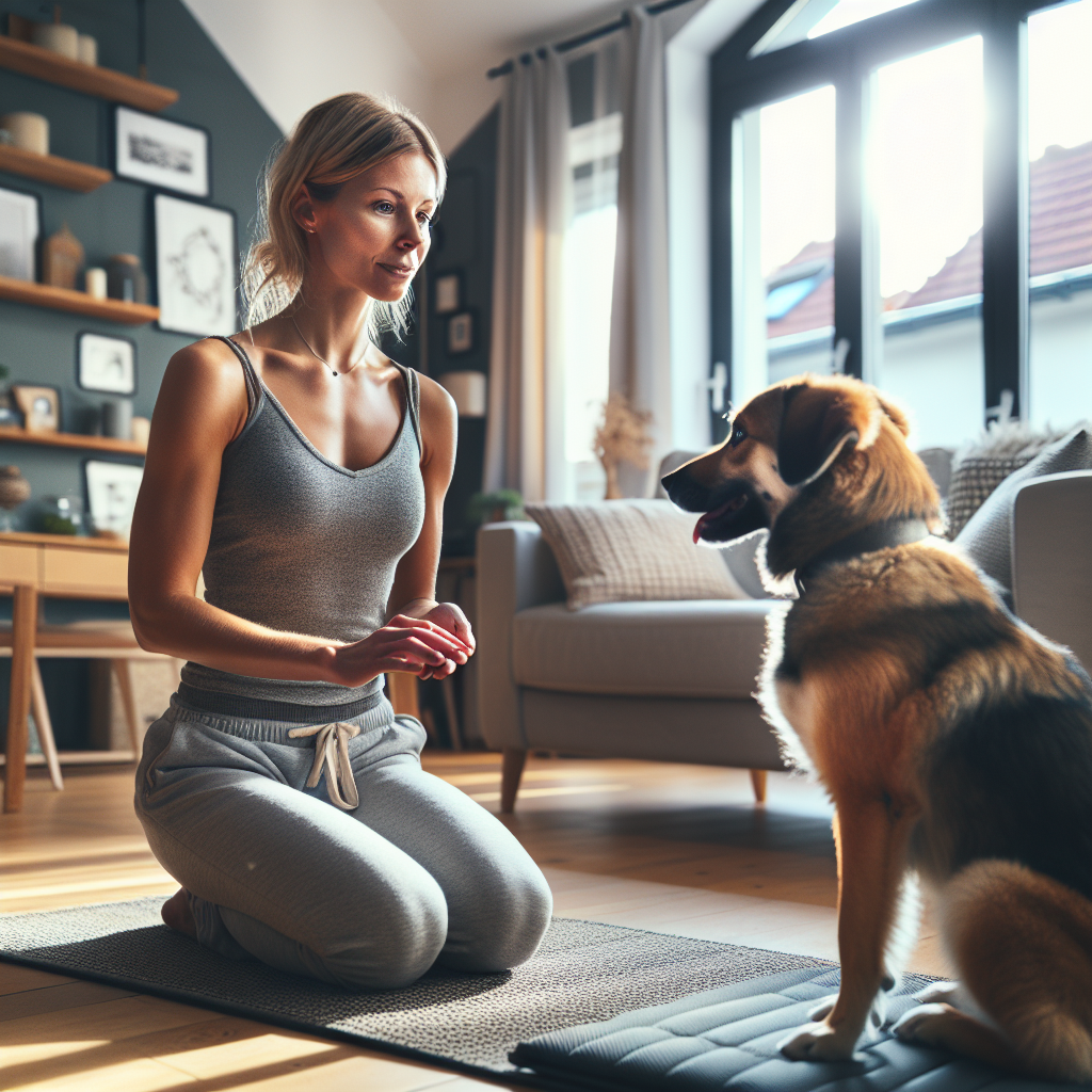 UK trainer rewarding a calm dog settling on a mat in a bright living room