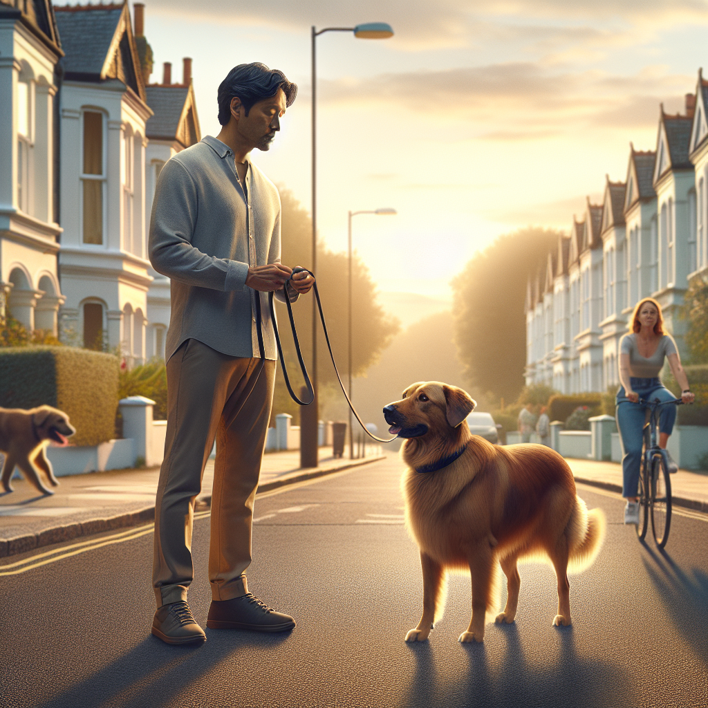 UK trainer guiding a calm dog on a slack lead while re-engaging near light distractions on a quiet street