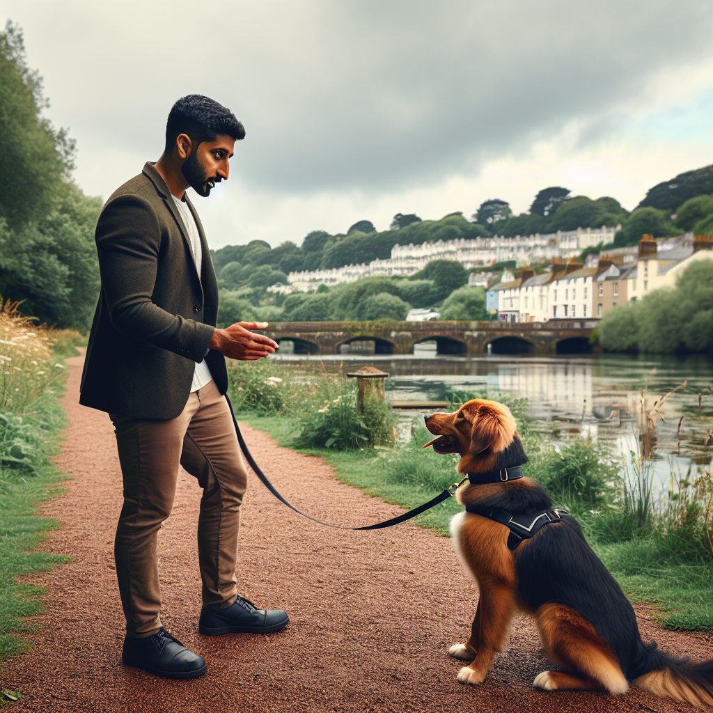 Smart trainer practising loose lead walking with a mixed-breed dog near a riverside path in Exeter