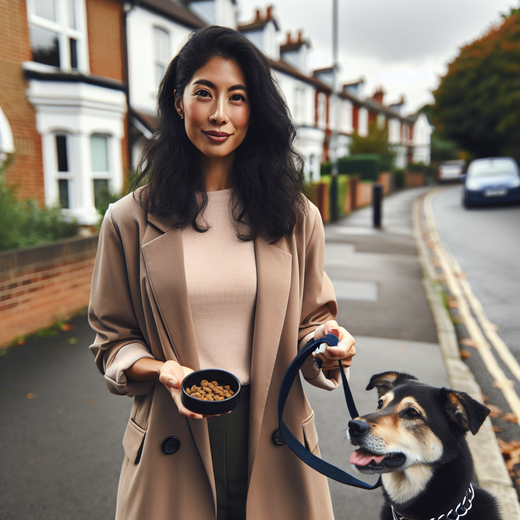 Smart trainer practising loose lead walking with a focused dog on a Sittingbourne street