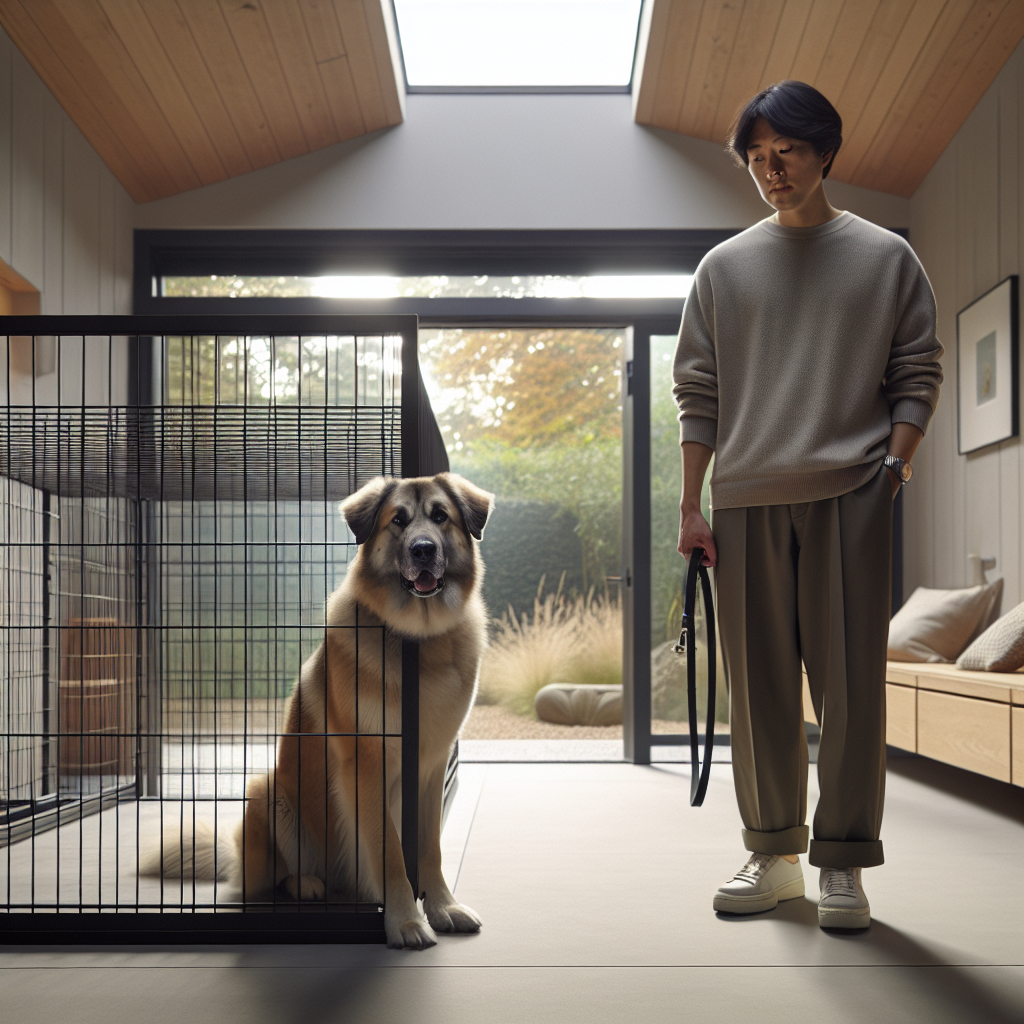Dog holding a calm neutral wait at an open crate door with a UK trainer nearby