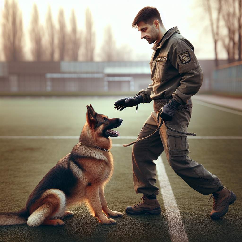Handler and German Shepherd practising silent IGP heelwork with calm focus on a UK training field