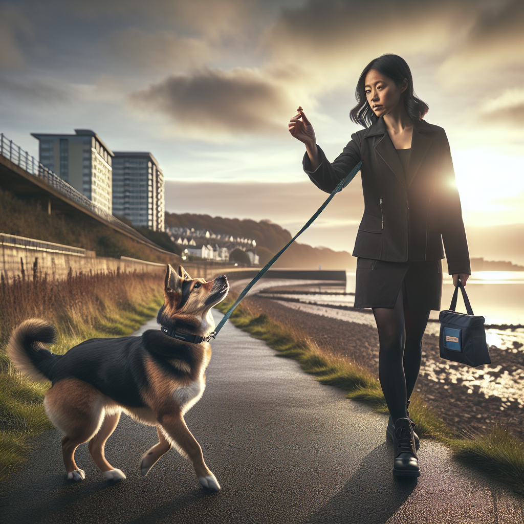 Trainer coaching loose lead walking with a mixed breed dog on a Swansea coastal path