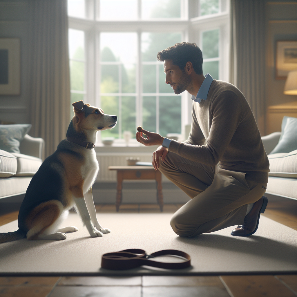 Trainer observing a relaxed mixed-breed dog’s body language and rewarding a calm check-in in a UK home