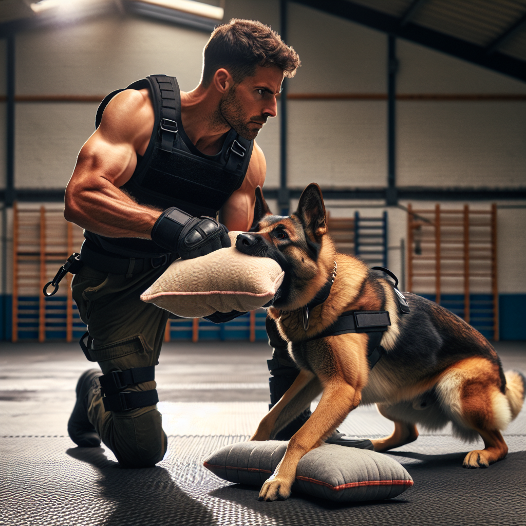 Trainer running IGP alternate surfaces grip drills with a working dog moving from pillow to sleeve
