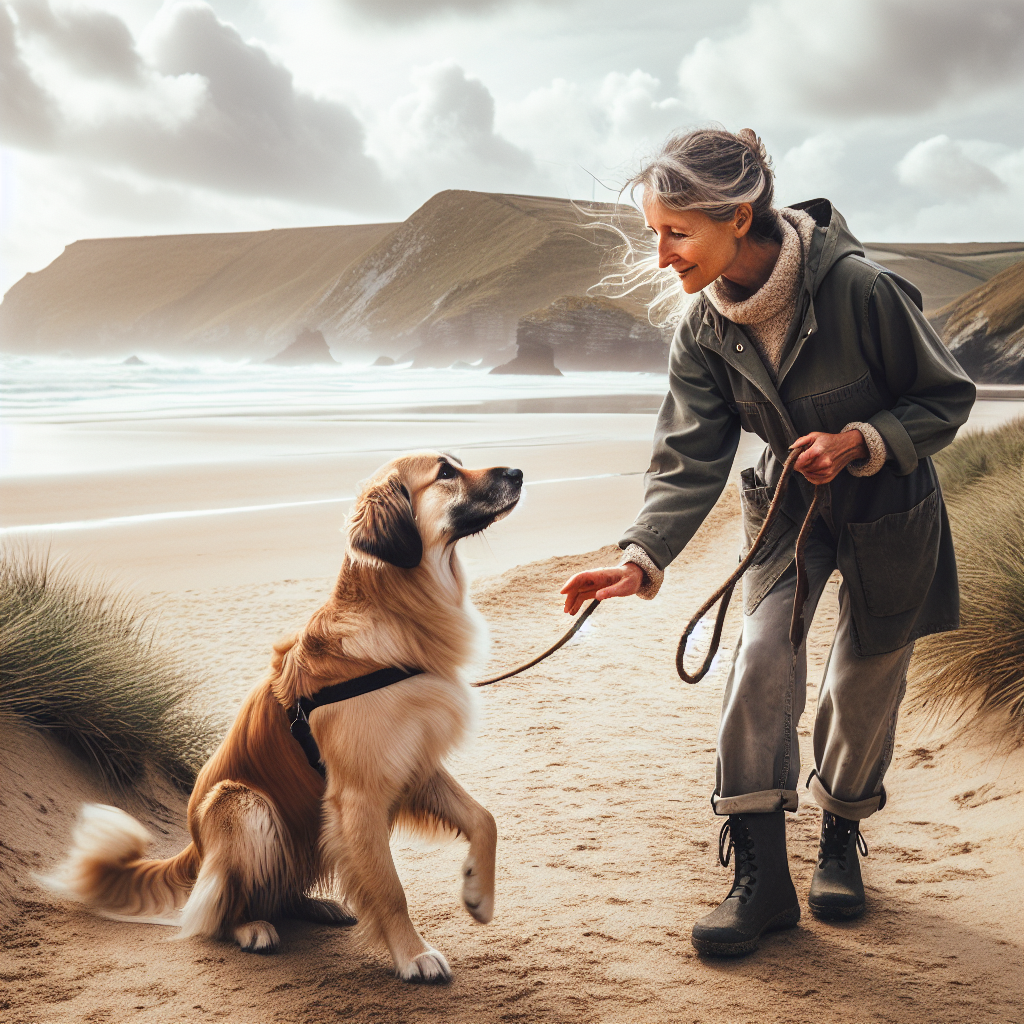 Trainer guiding a focused mixed breed dog on a coastal path near a Cornish beach