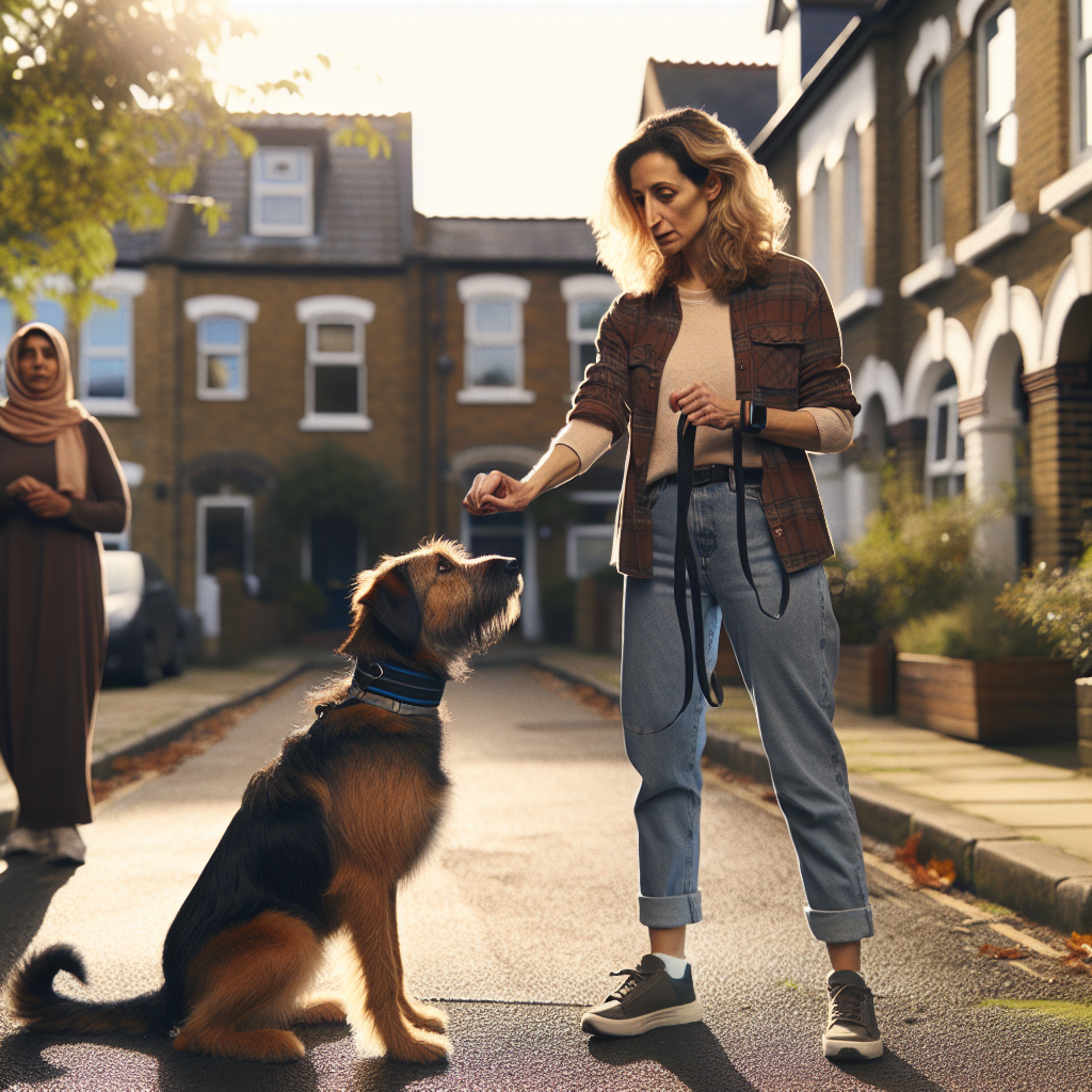 Owner leading heel and place while trainer observes from a distance in a UK street