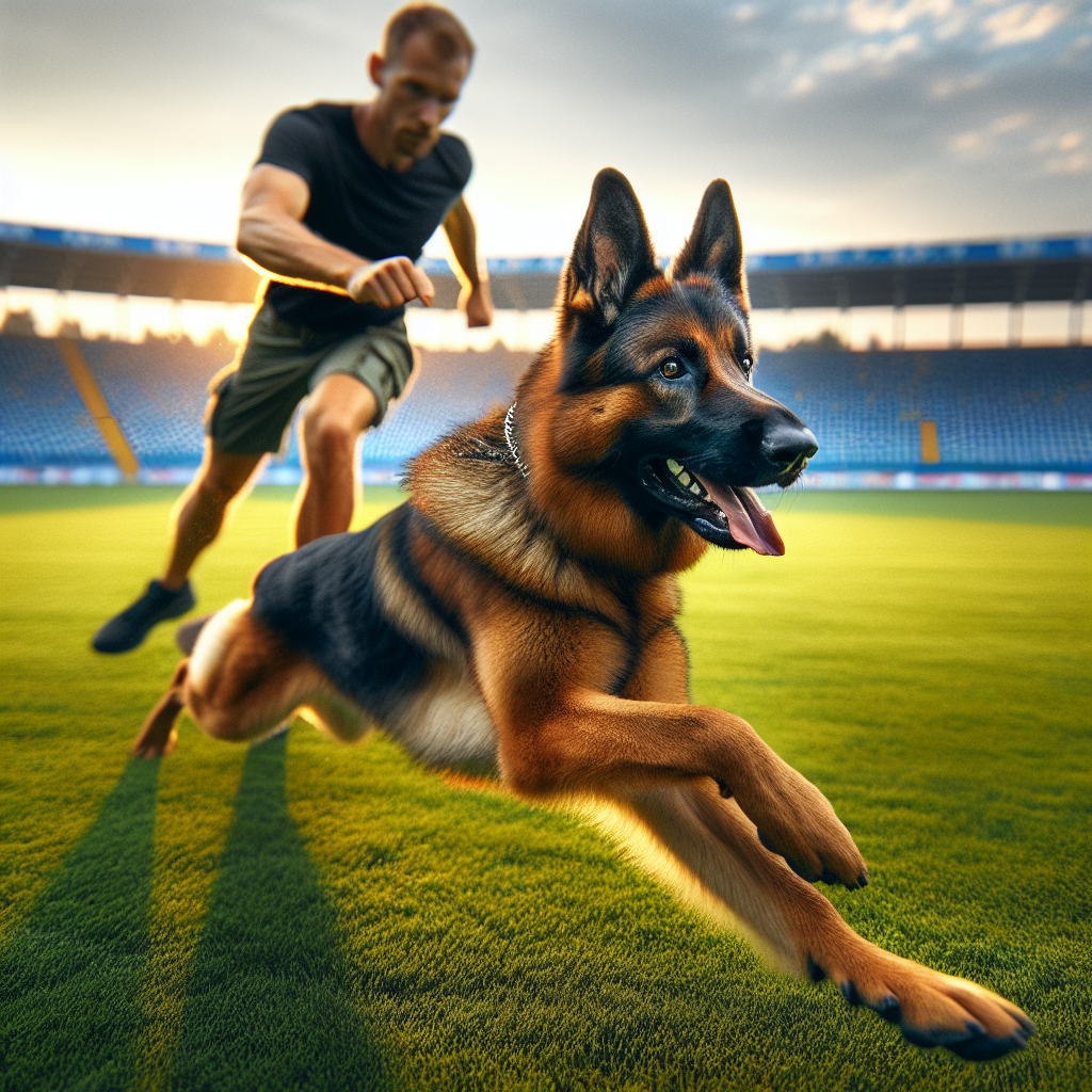 German Shepherd performing a fast fold-down as the handler moves on a UK training field at sunset