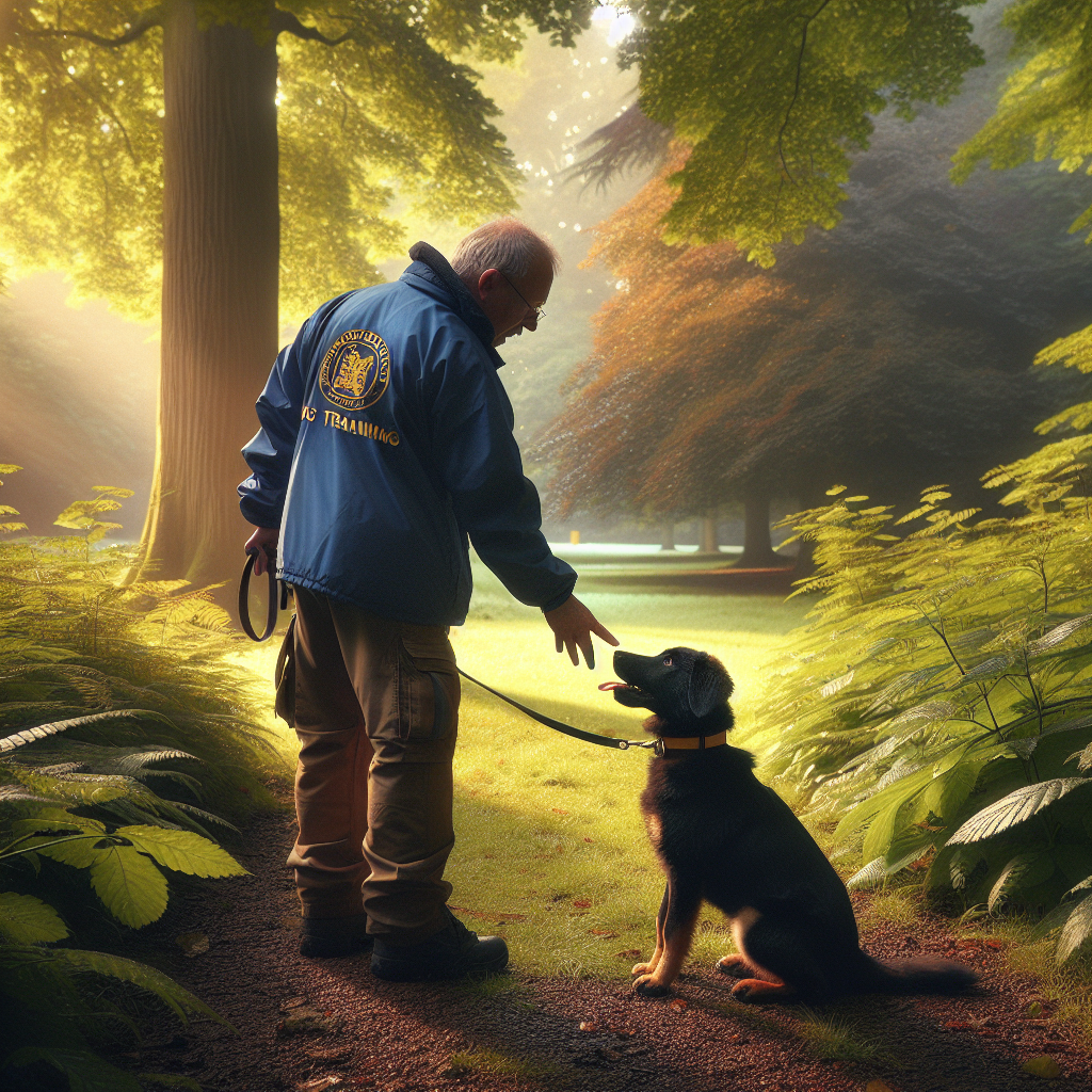 Trainer practising loose lead walking with a mixed breed dog in a leafy Bromsgrove park