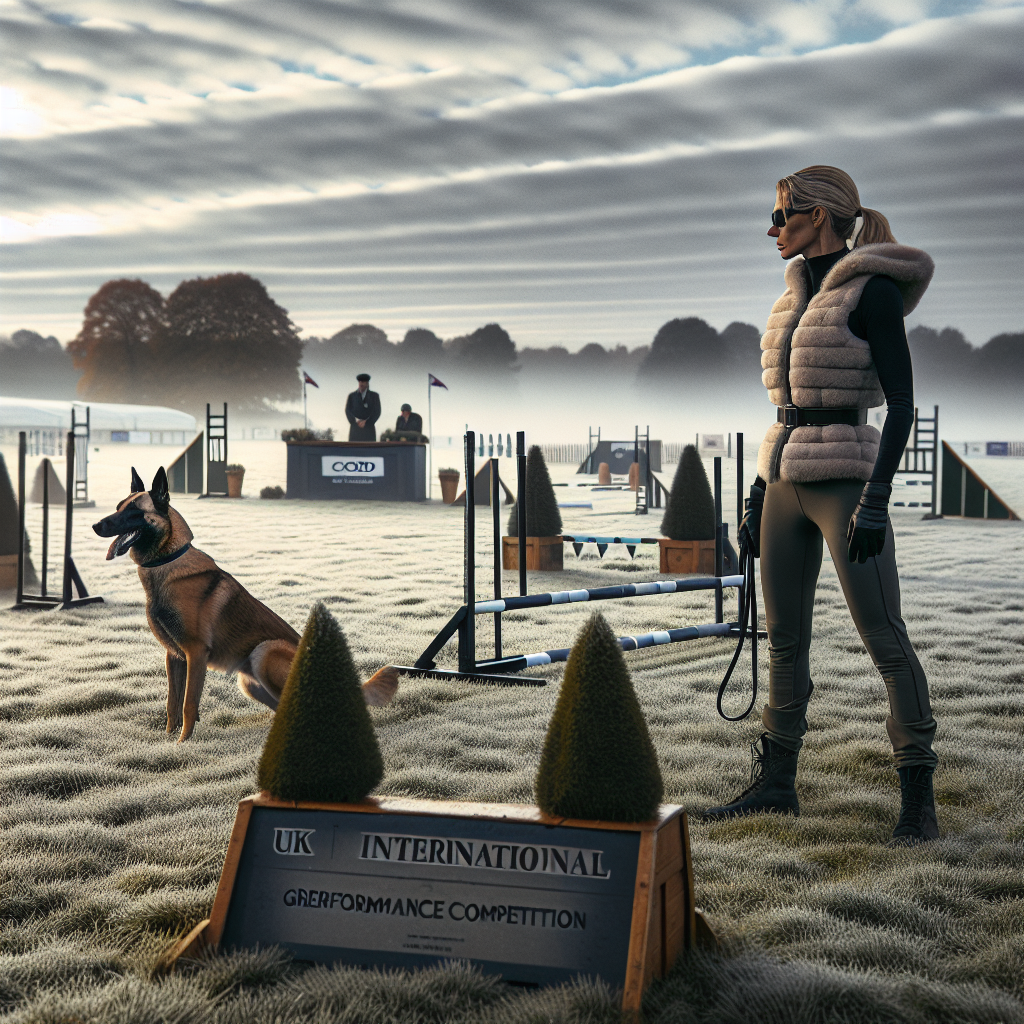 Handler and Malinois practising heeling near jumps and blinds on a UK IGP trial field at dawn