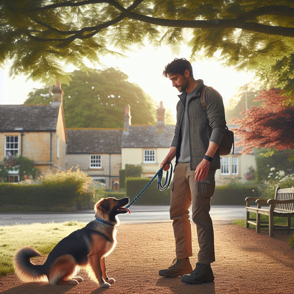 Smart Master Dog Trainer practising loose lead walking with a mixed breed dog in a leafy Melksham park