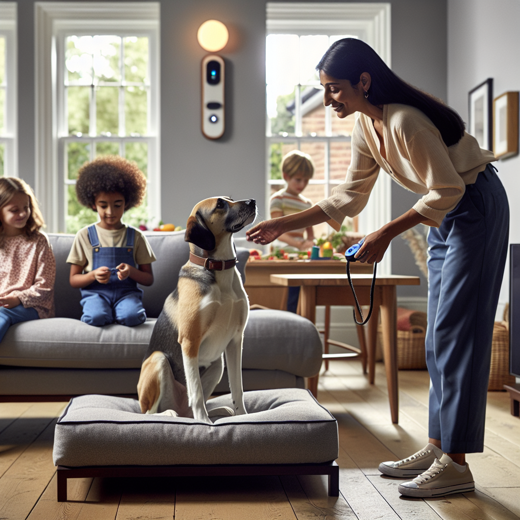 Smart trainer helps a calm dog hold Place while children play and the doorbell rings in a UK living room