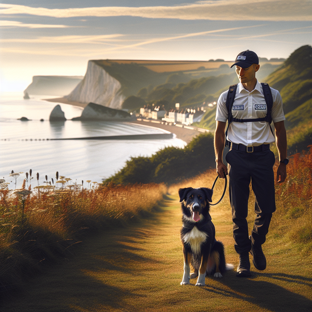 Trainer practising loose lead and recall with a focused dog on a grassy coastal path near a UK seaside town