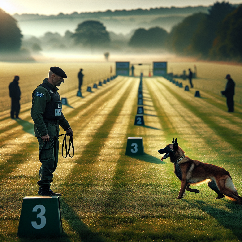 Handler and Malinois performing a calm startline reset on an IGP field in the UK