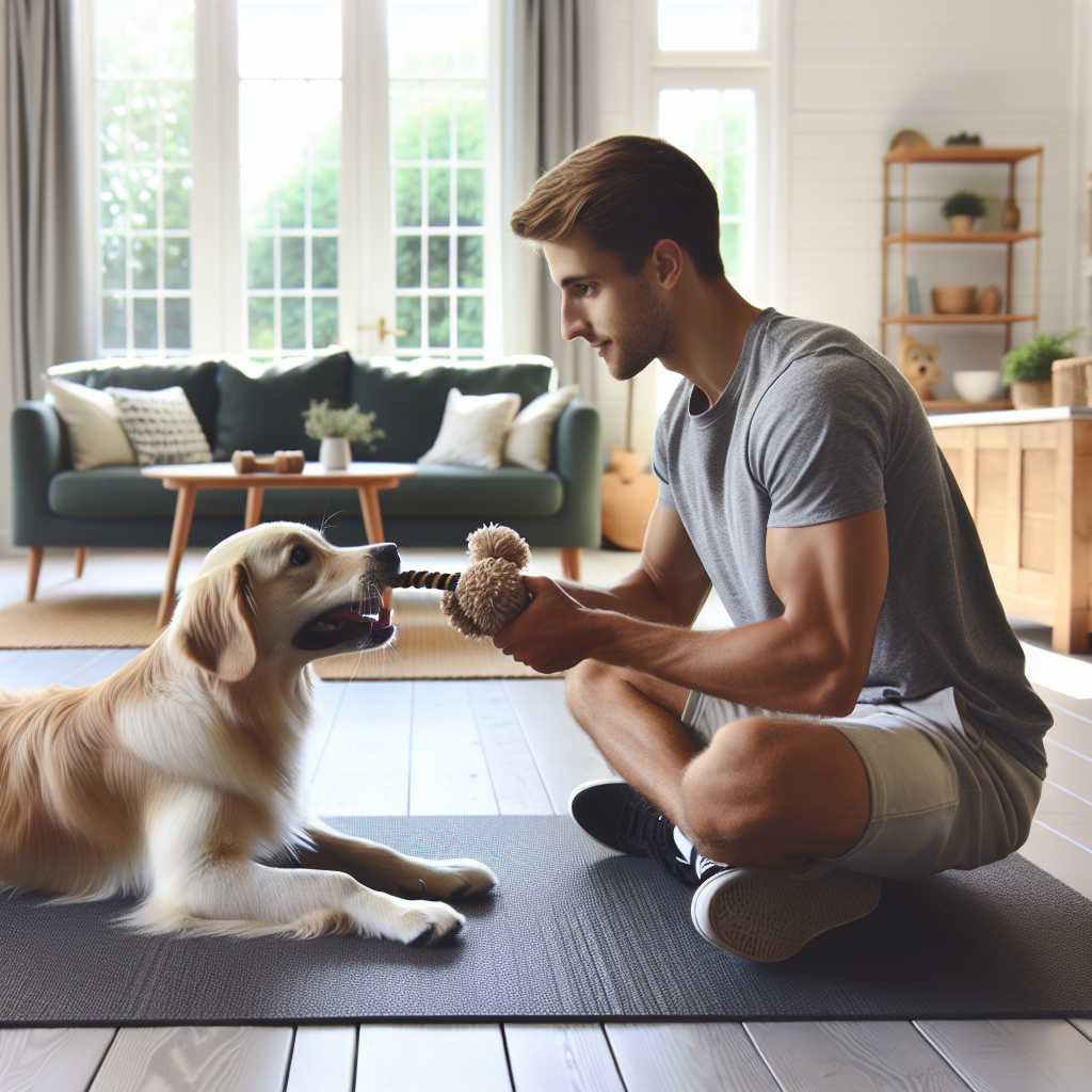 UK trainer guiding a dog through play then resting calmly on a mat in a modern living room
