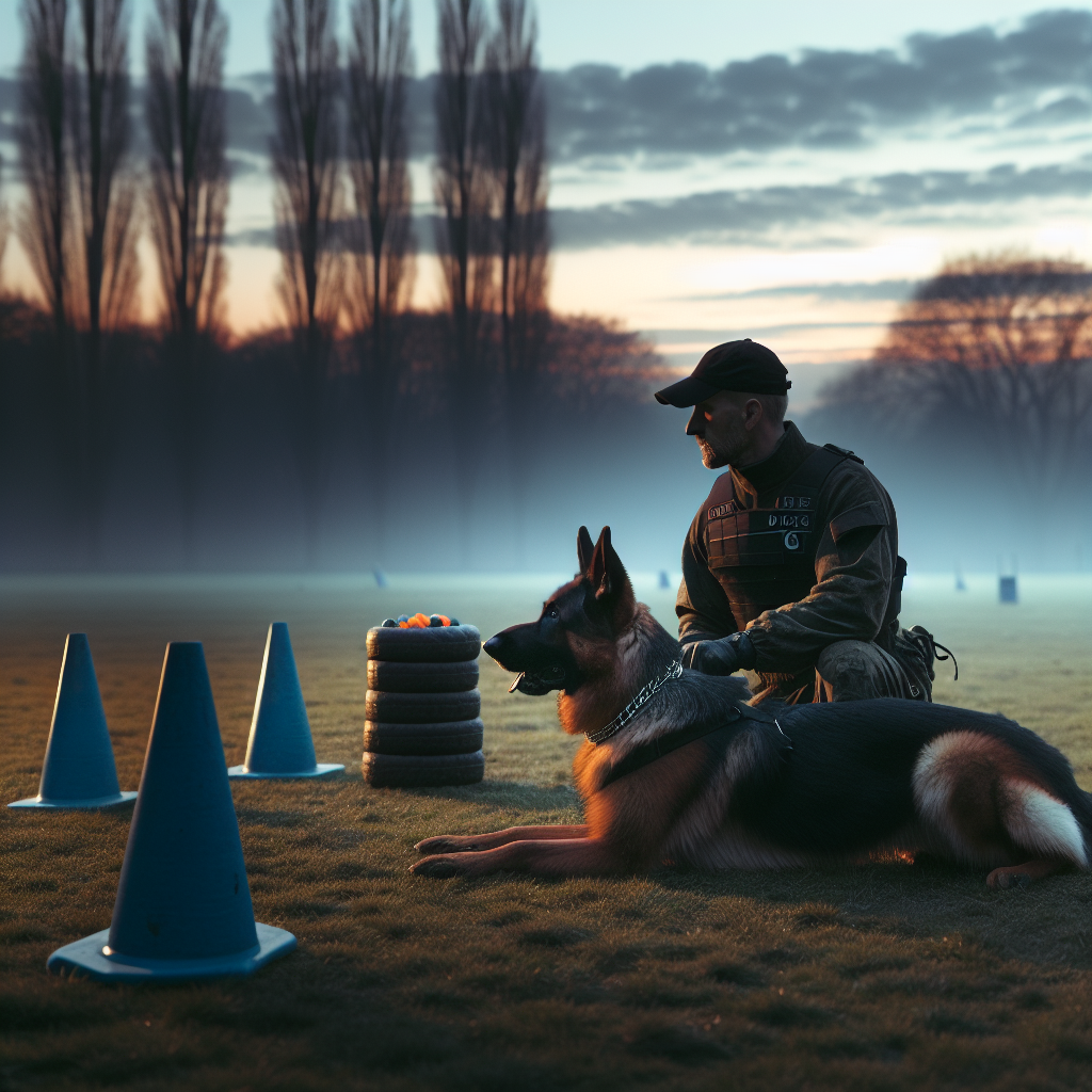 Trainer and working-line German Shepherd practising IGP generalisation drills on a quiet field at dusk
