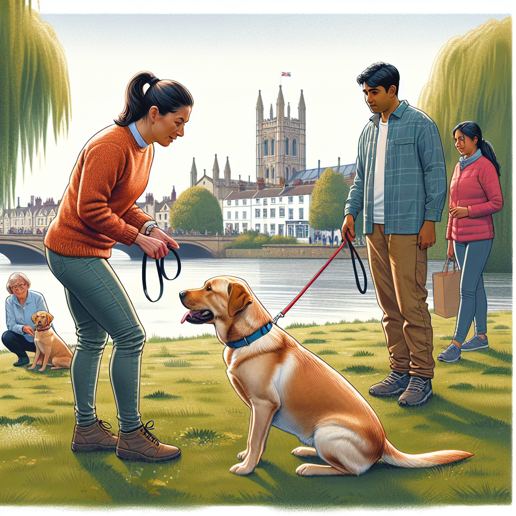 Smart trainer guiding a Labrador and family through heel and place in a Stratford-upon-Avon riverside park