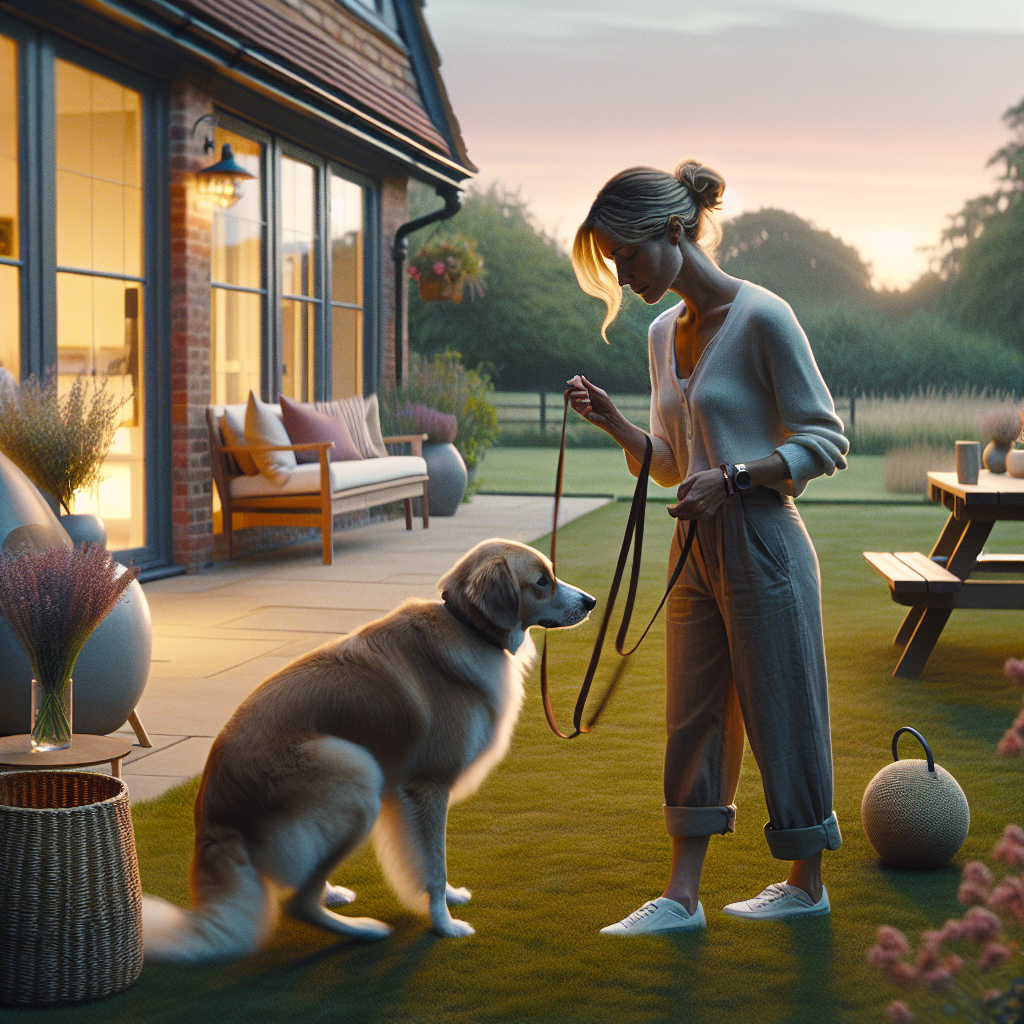 Family and trainer balancing short training and relaxed free time with a happy dog at home and in a UK park