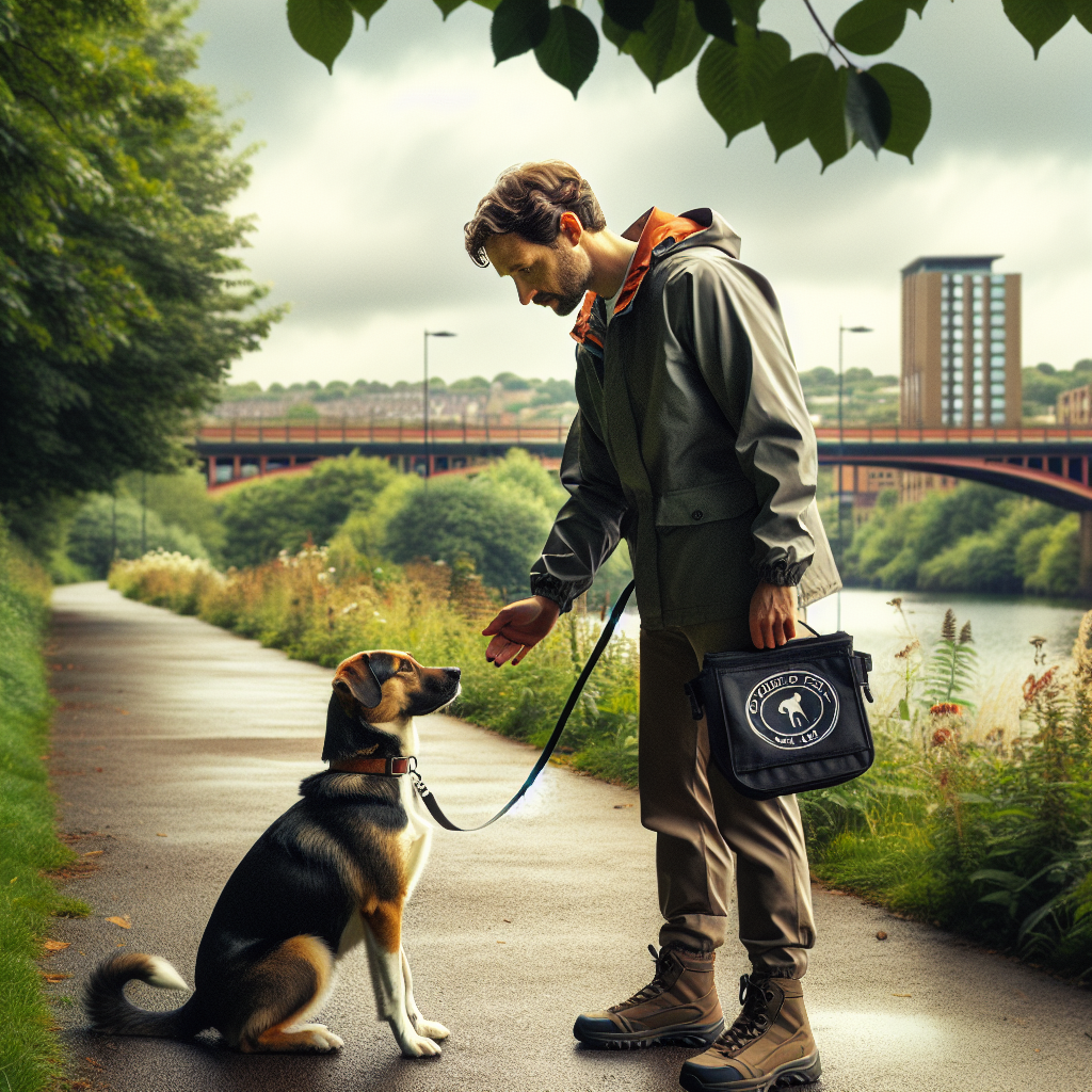 Smart trainer practising heel and recall with a focused dog on a leafy Rotherham path near water