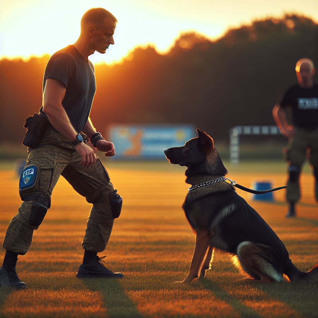 IGP dog and handler holding precise heel position with calm focus on a UK field at sunset