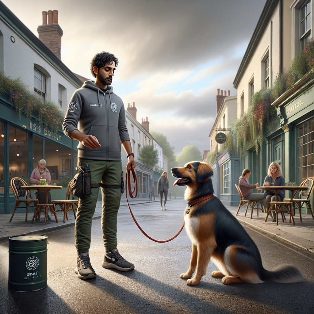 UK trainer practising a calm pause with a dog sitting at heel on a loose lead near a cafe