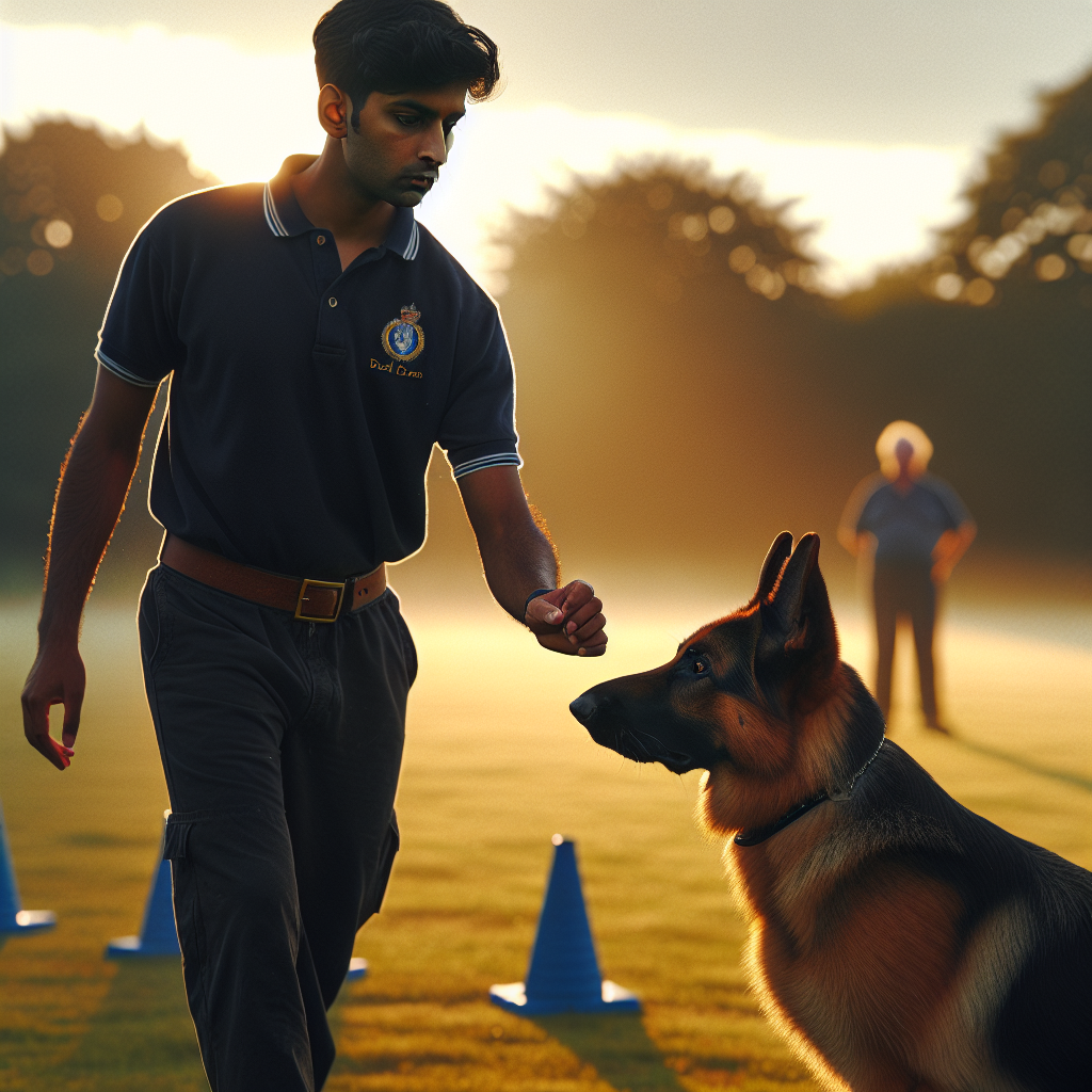 Trainer shaping IGP heel position with subtle hand cues as a focused German Shepherd maintains contact on a UK field