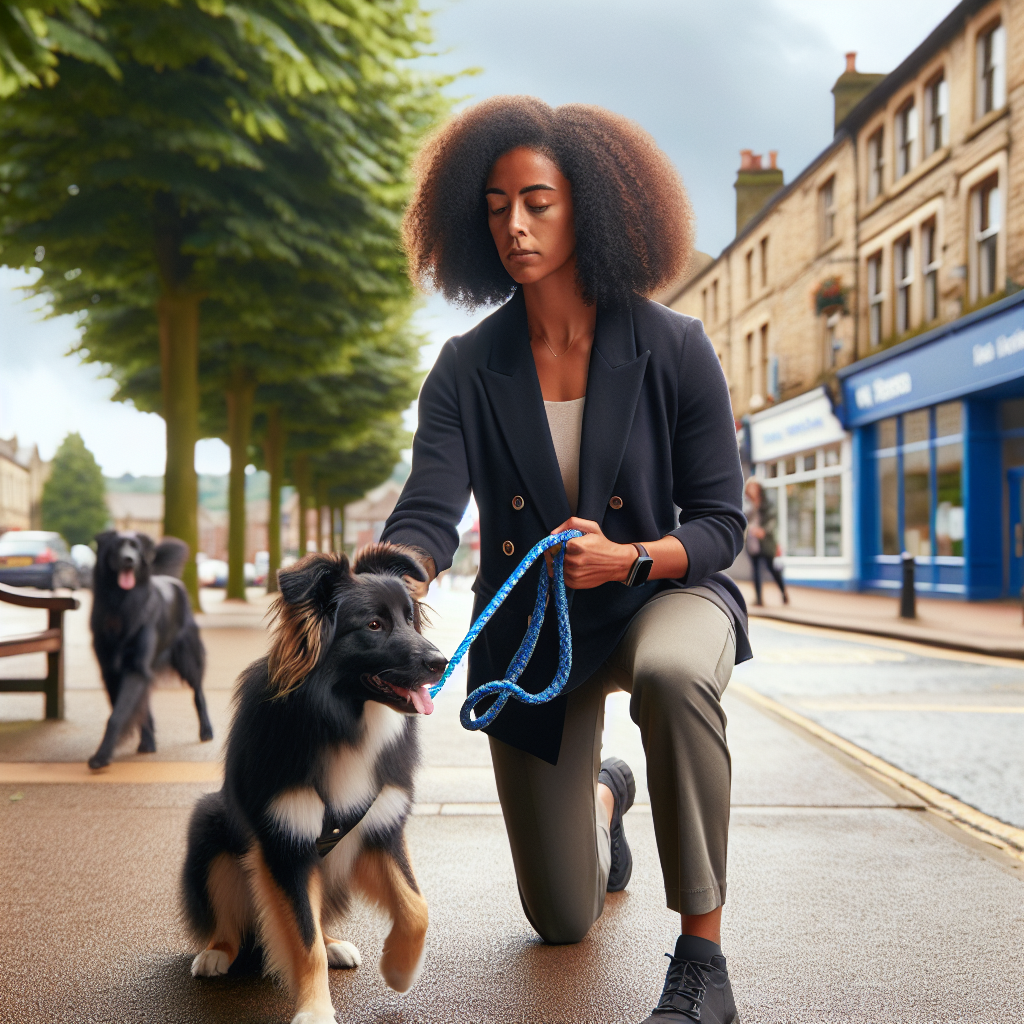 Trainer practising loose lead walking with a mixed breed dog on a Chesterfield town pavement