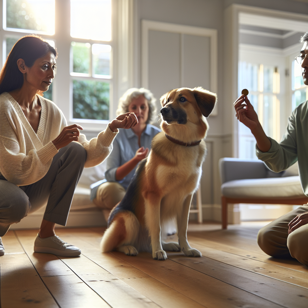 UK dog trainer teaching a family how to use neutral marker cues while a mixed breed dog holds a sit in a calm living room
