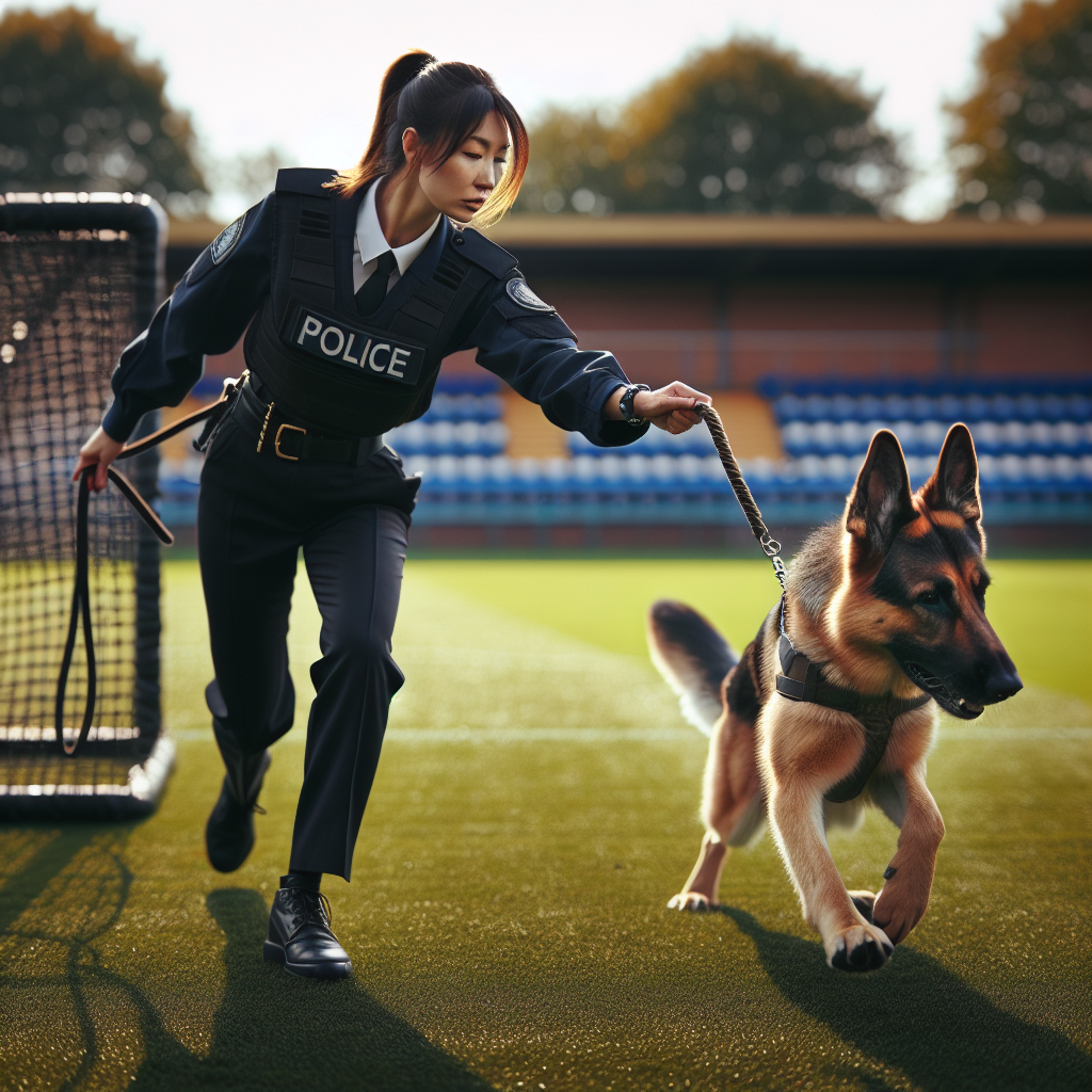 Trainer sending a German Shepherd to a blind from distance on a UK training field