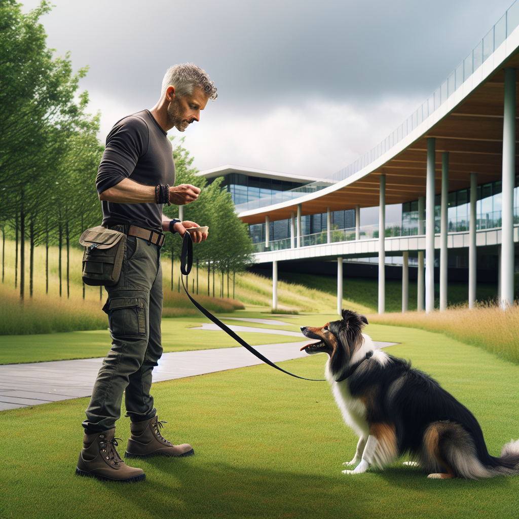 Smart trainer practising loose lead walking with a collie mix in a green space in Cumbernauld