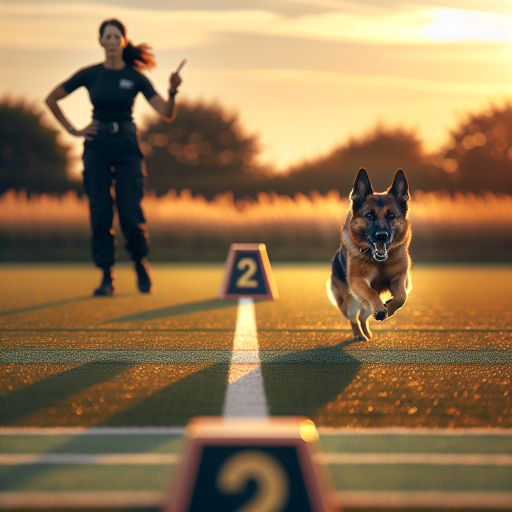 German Shepherd running a straight IGP send away along a visual line toward a marked end zone with a UK trainer signaling