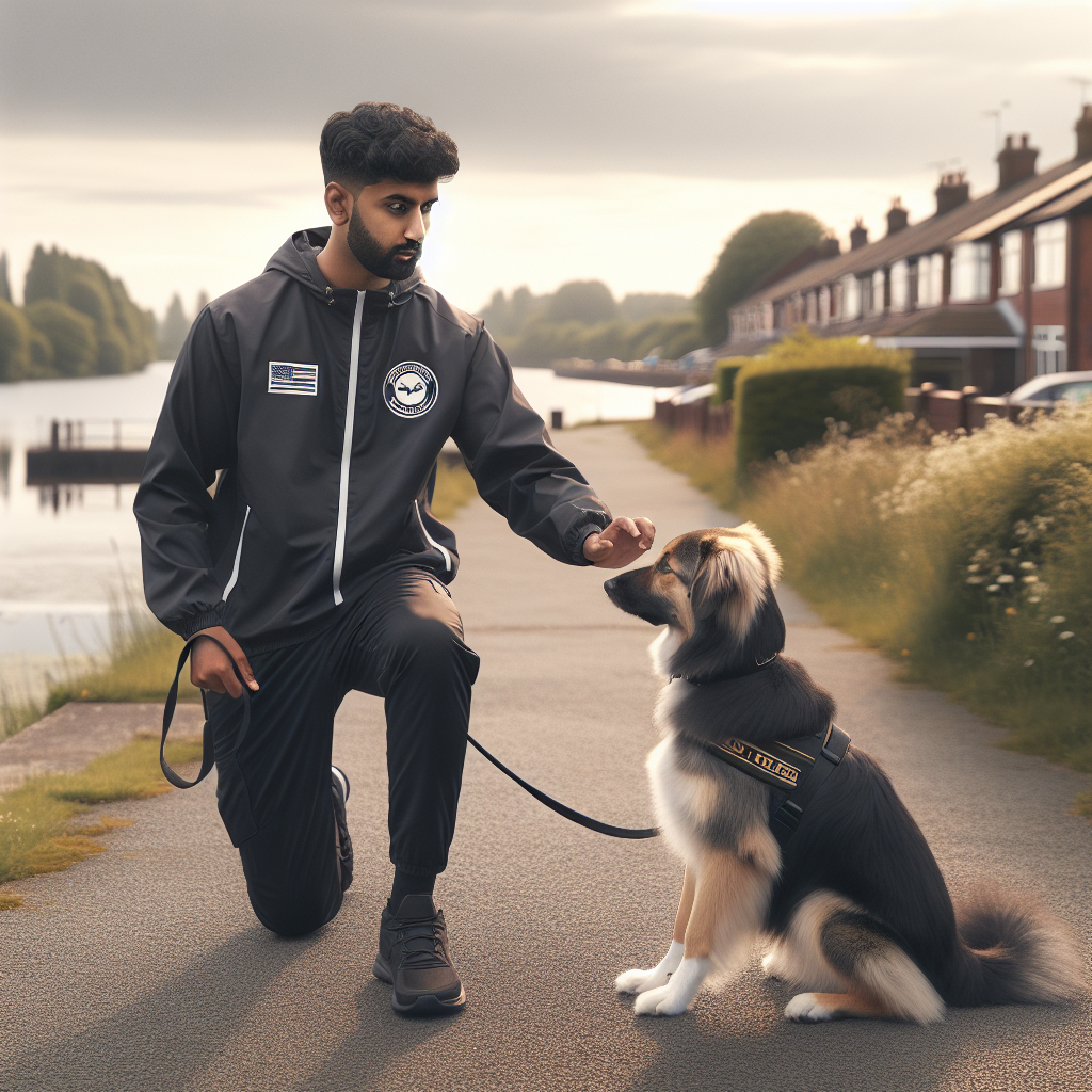 Trainer practices loose lead walking with a mixed breed dog on a waterfront path in Ellesmere Port