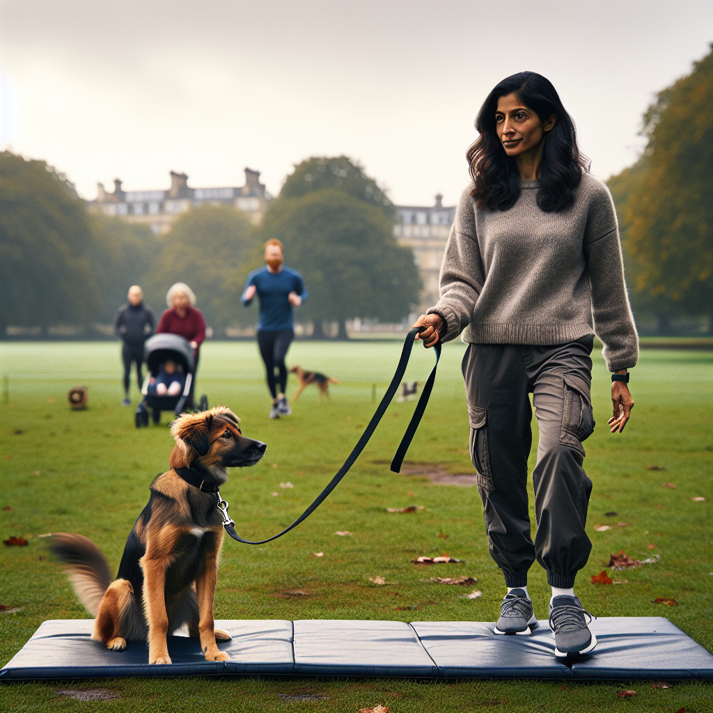 Smart trainer practising heel and place with a focused dog on a long line in a UK park