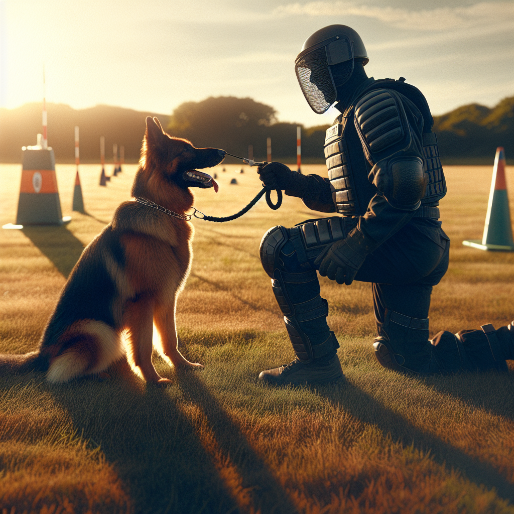 IGP helper guiding a focused German Shepherd to a calm full grip on a UK training field at sunset