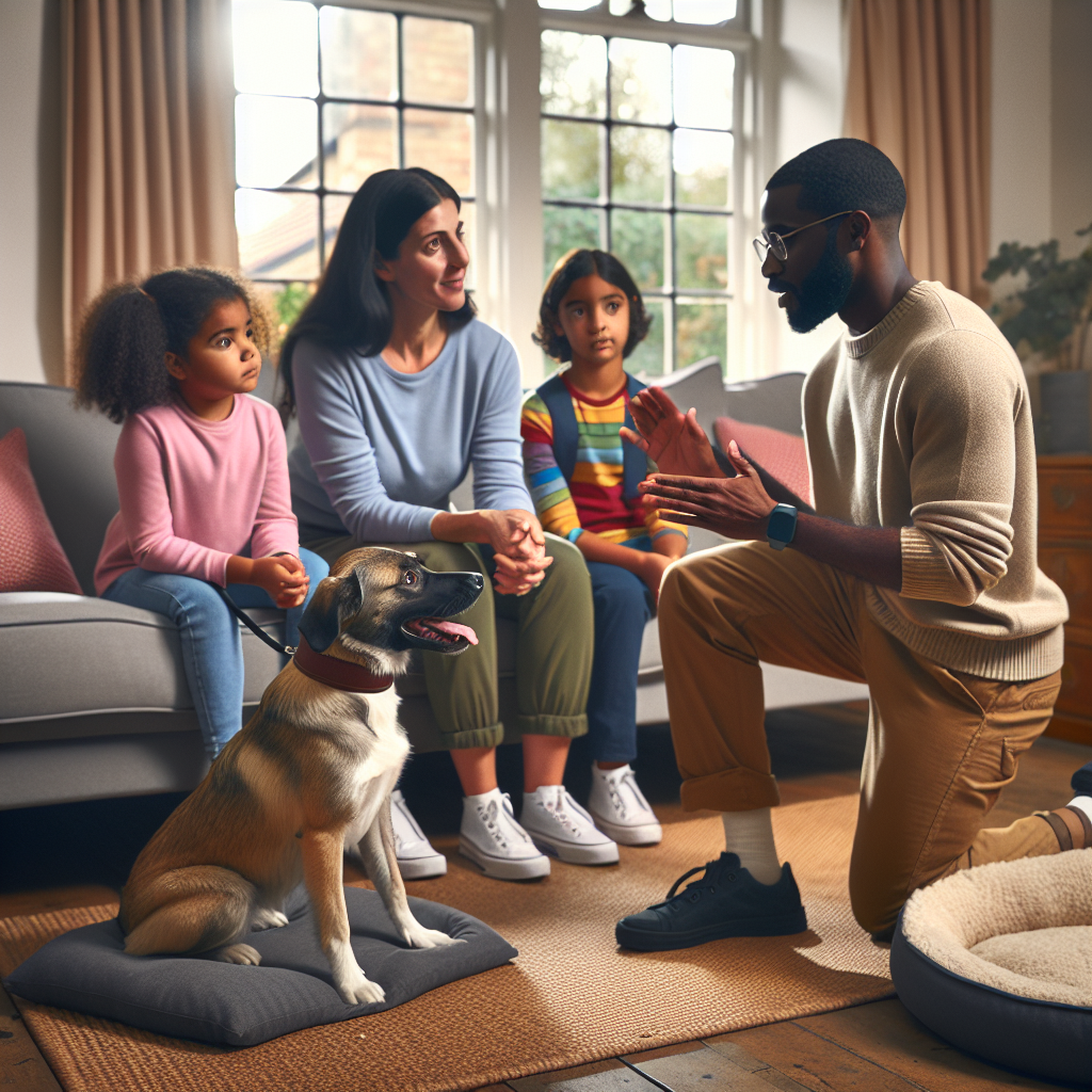 Family and Smart Master Dog Trainer resetting dog training after holidays with a dog on a place bed at home