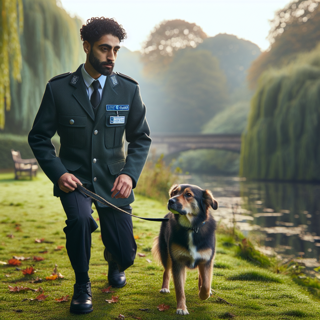 Trainer coaching a mixed-breed dog on lead walking and recall in a leafy Shrewsbury park