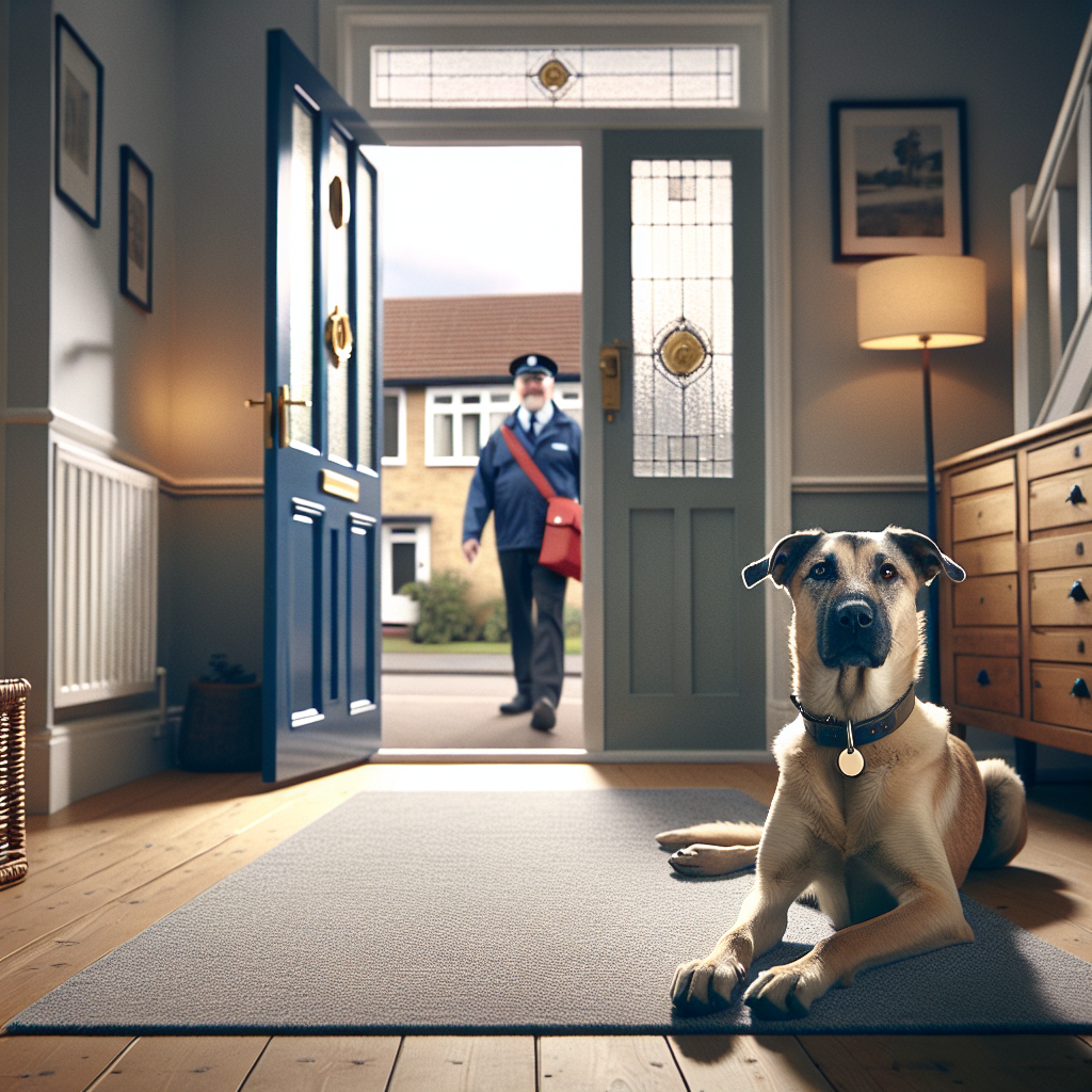 Calm dog holding a down-stay on a bed while the front door is open and a postie walks by
