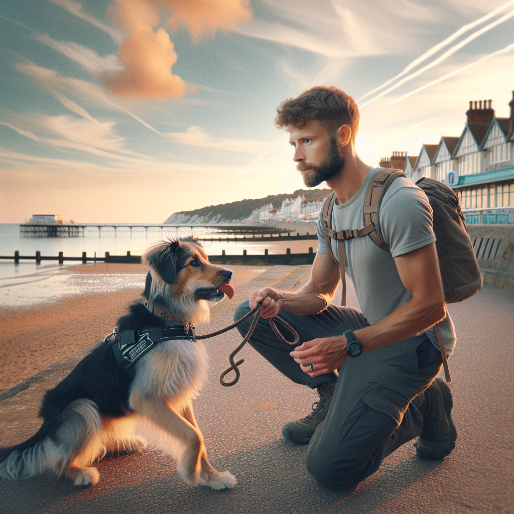 Trainer practising loose lead and recall with a dog on a UK south coast promenade at sunset