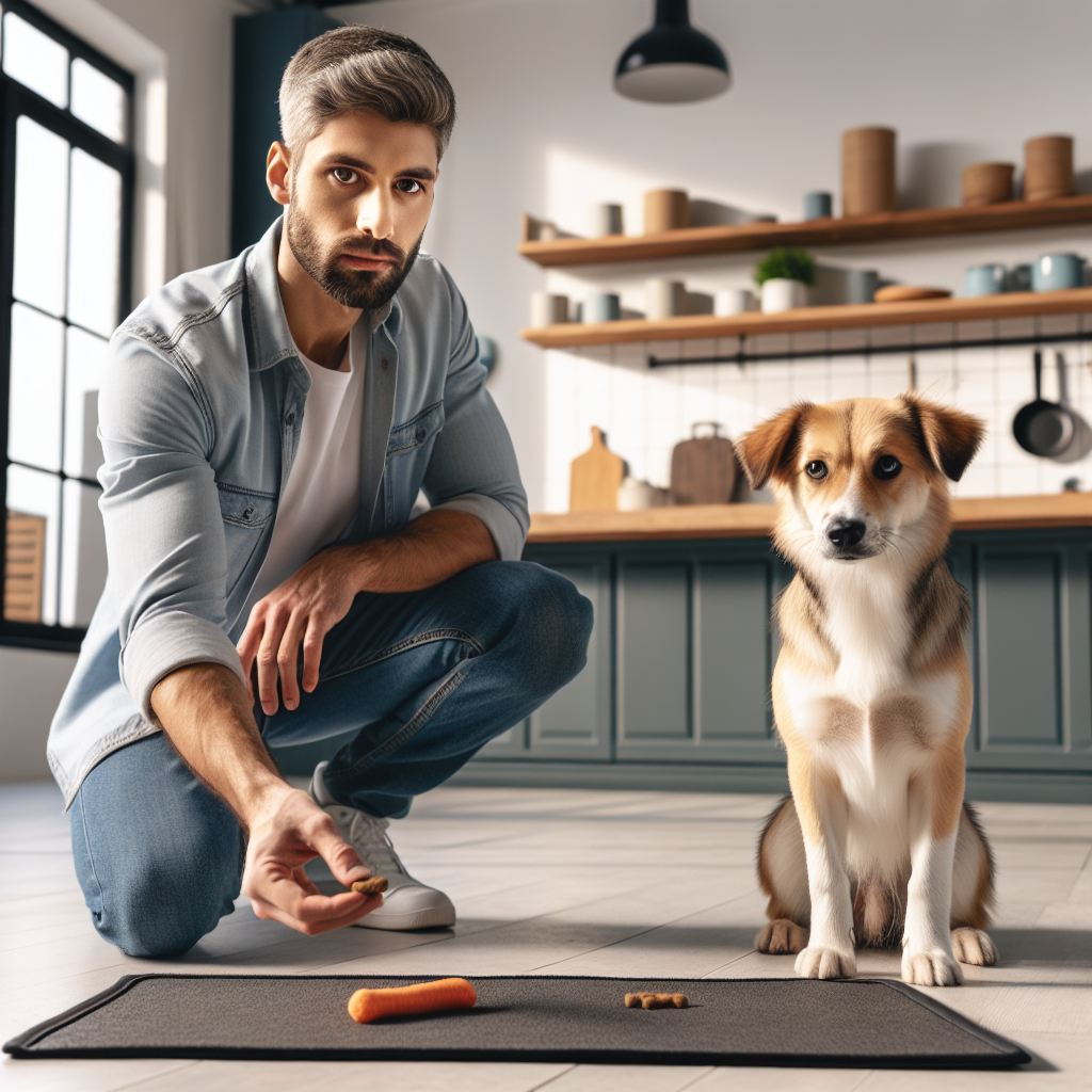 Trainer rewarding a dog on a station mat without crowding in a bright UK kitchen