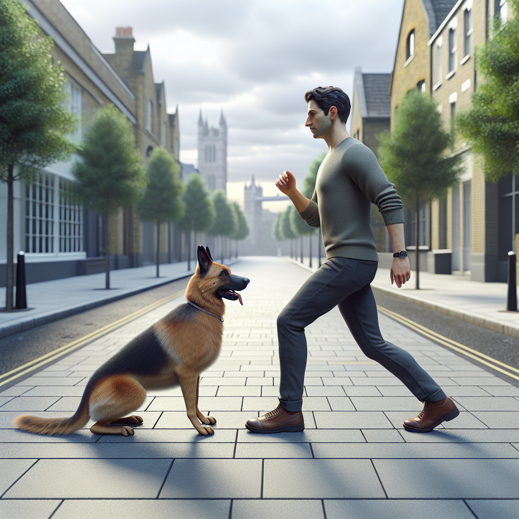 UK trainer shows ideal handler stance and posture while heeling a calm German Shepherd on a city pavement