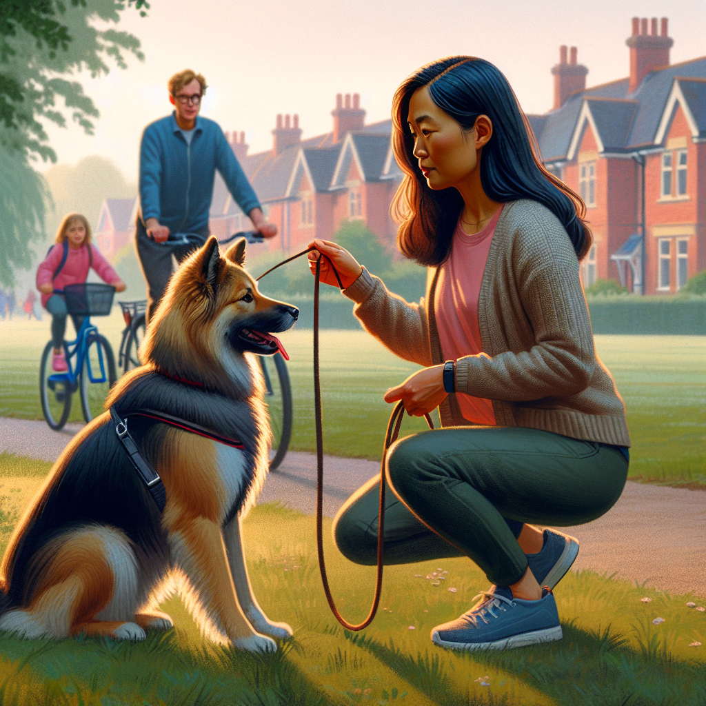 Trainer practising loose lead walking and recall with a mixed-breed dog in a Woodley green space