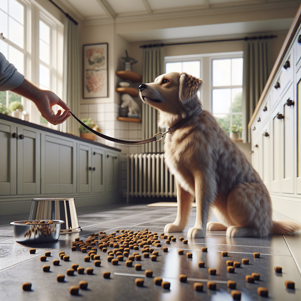 Dog on lead ignoring food on a kitchen floor while handler rewards from hand