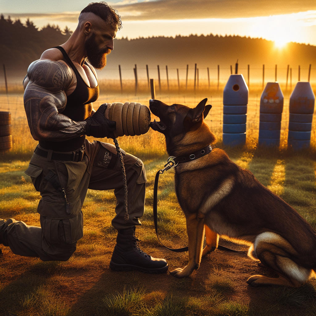 Handler guiding a working dog from sleeve possession to a calm neutral heel beside a still decoy