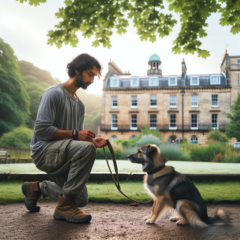 UK dog trainer teaching loose lead walking to a mixed-breed dog in a leafy city park