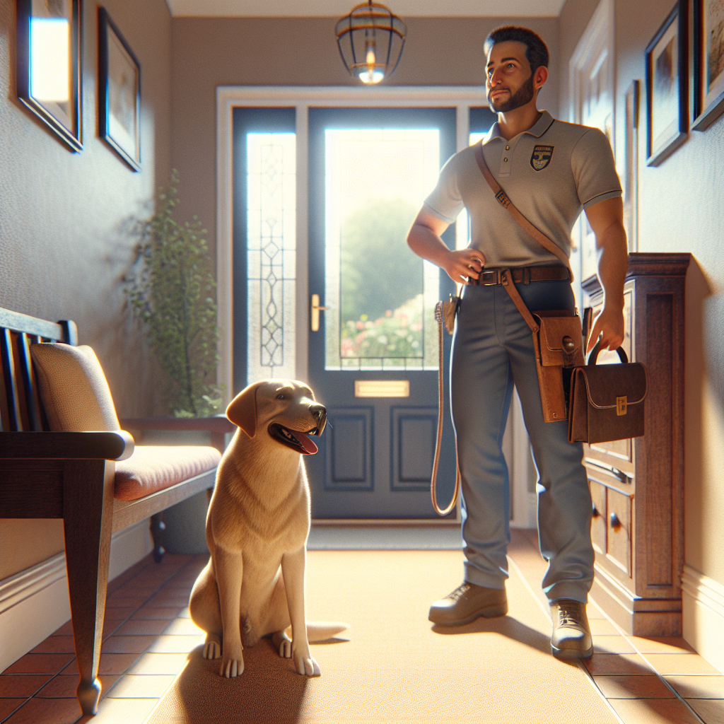 Trainer guiding a Labrador to a place bed during a doorbell ring in a UK home entryway