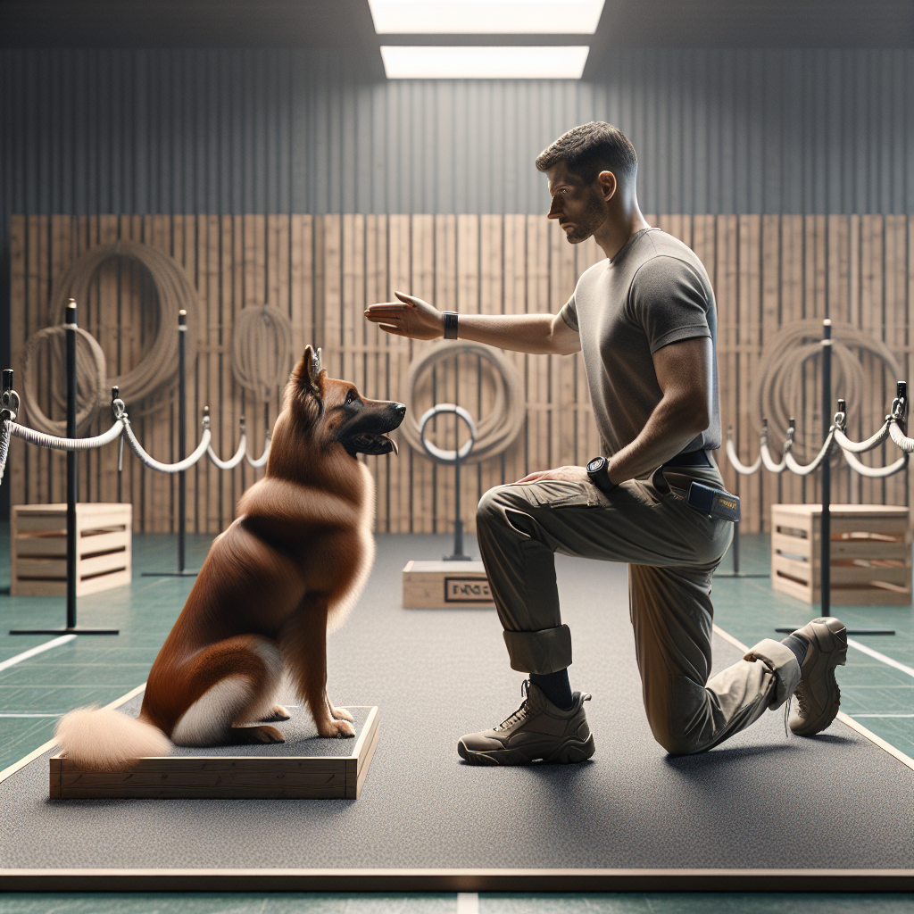 Handler and working dog calmly preparing at a UK trial start line with focused heel and ring setup in view