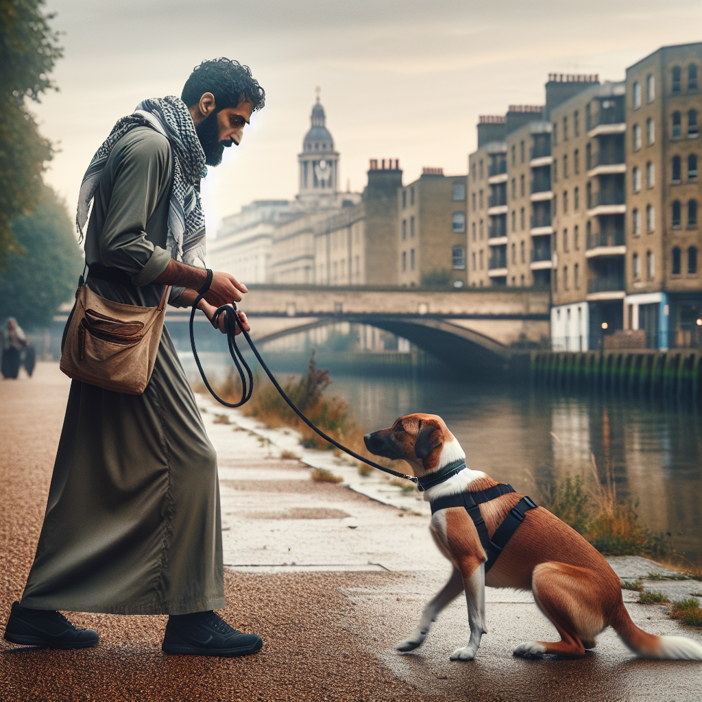 Trainer teaching loose lead walking to a mixed breed dog on a riverside path in a UK city