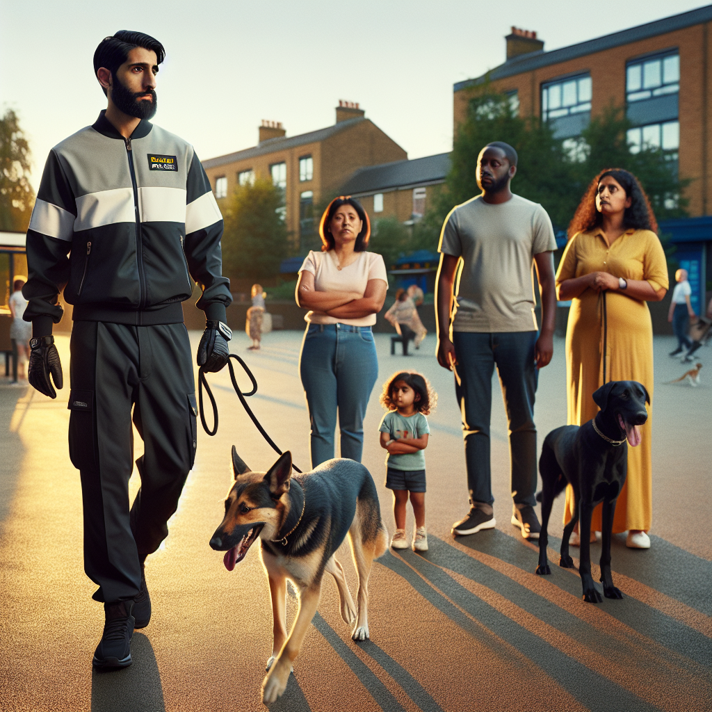 Trainer coaching a family as their dog walks calmly on a loose lead, ignoring passing dogs in a UK park