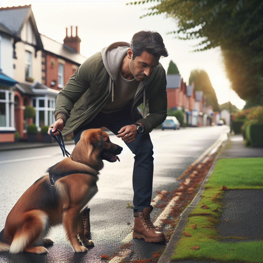 Trainer practising heel and place with a mixed-breed dog on a quiet Crewe street